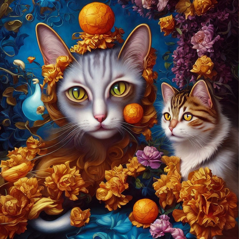 Colorful Flowers Surround Two Cats with Fruit on Head