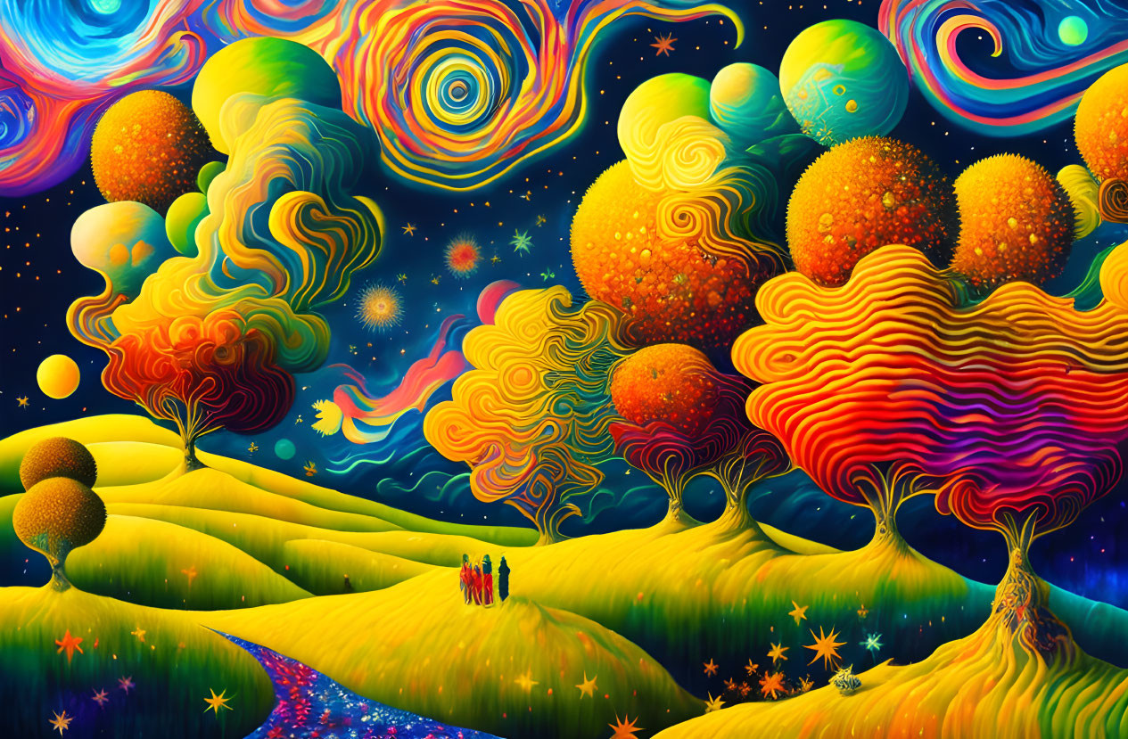 Colorful Psychedelic Landscape with Swirling Skies and Figures