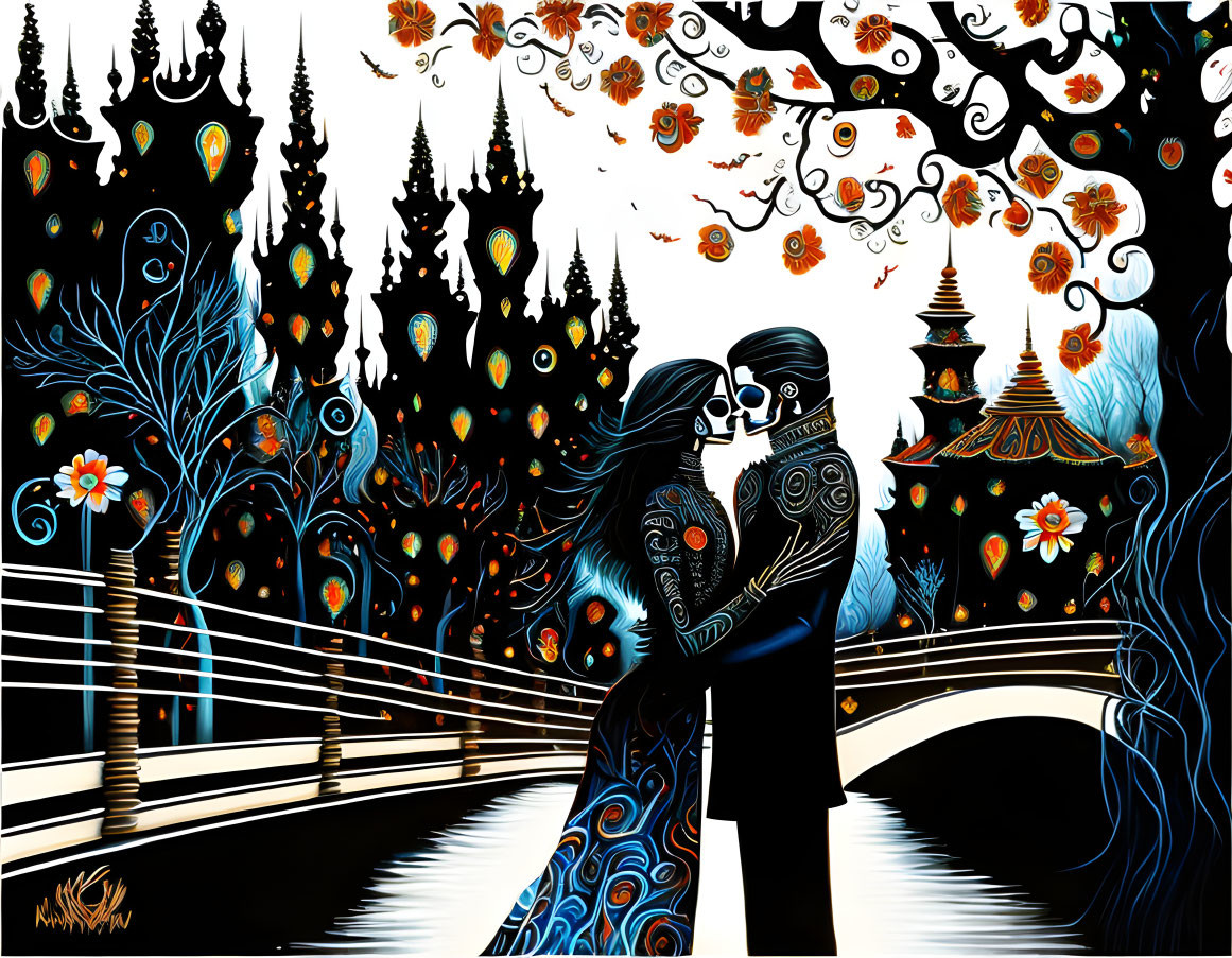 Illustration of embracing couple on bridge with decorative trees and ornate buildings