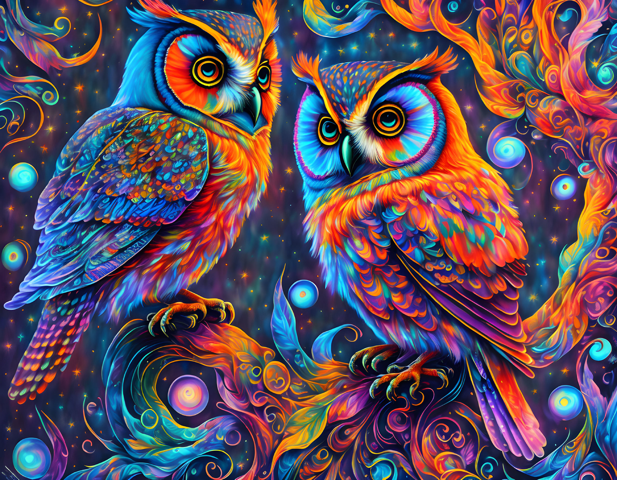 Colorful Psychedelic Owls Illustration on Starry Background