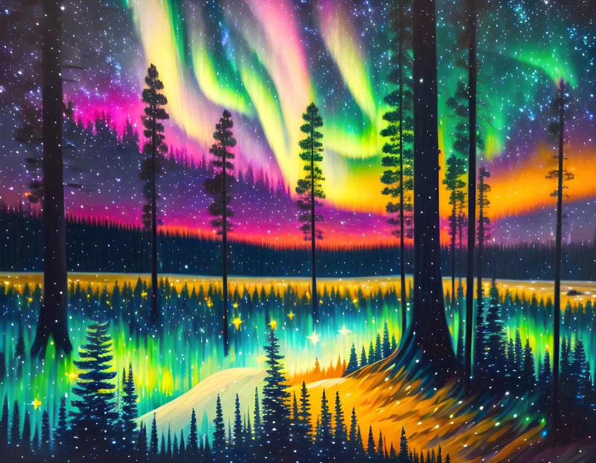 Colorful Aurora Borealis Over Forest and River