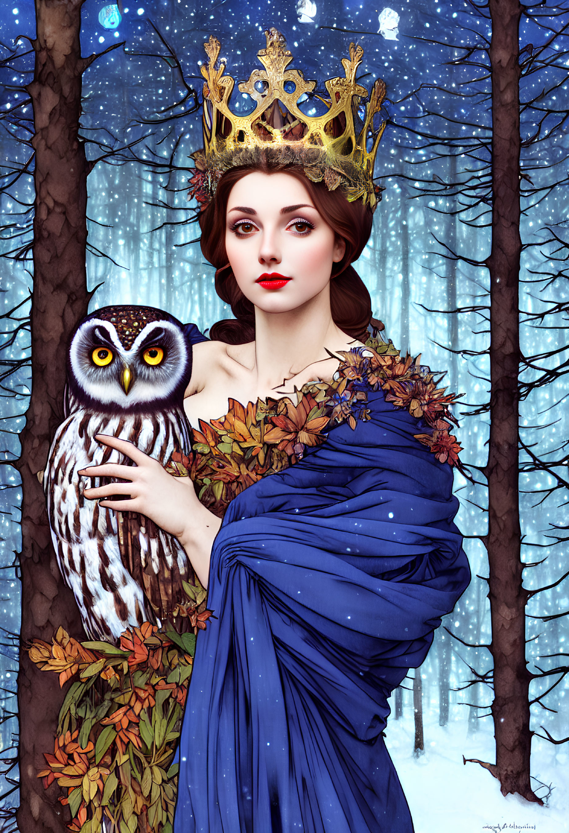 Regal woman with golden crown holding owl in snowy forest.