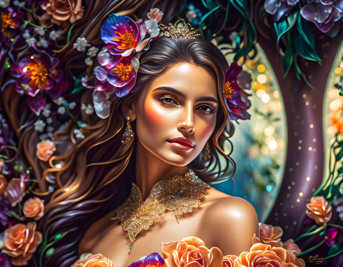 Digital portrait of woman with flowing hair and vibrant flowers, wearing golden butterfly necklace.