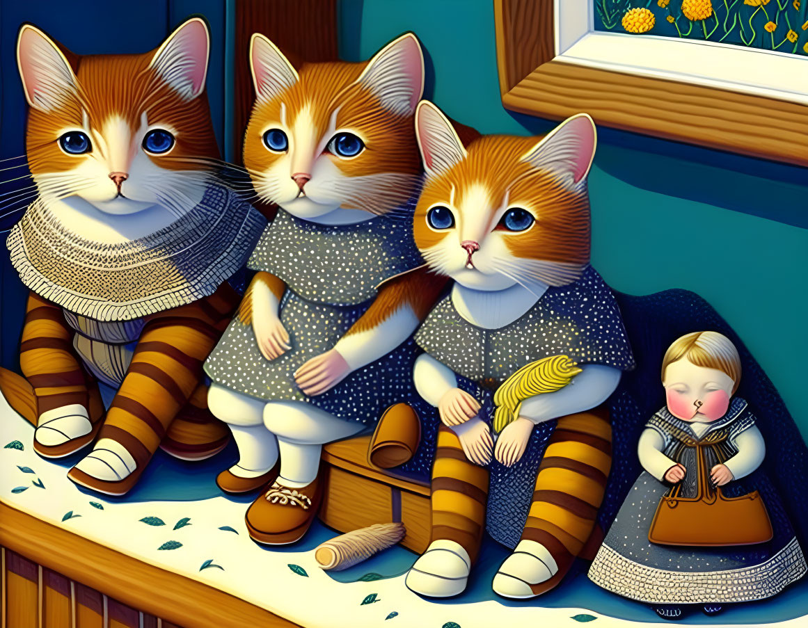 Anthropomorphic Cats with Child and Fish in Cozy Room