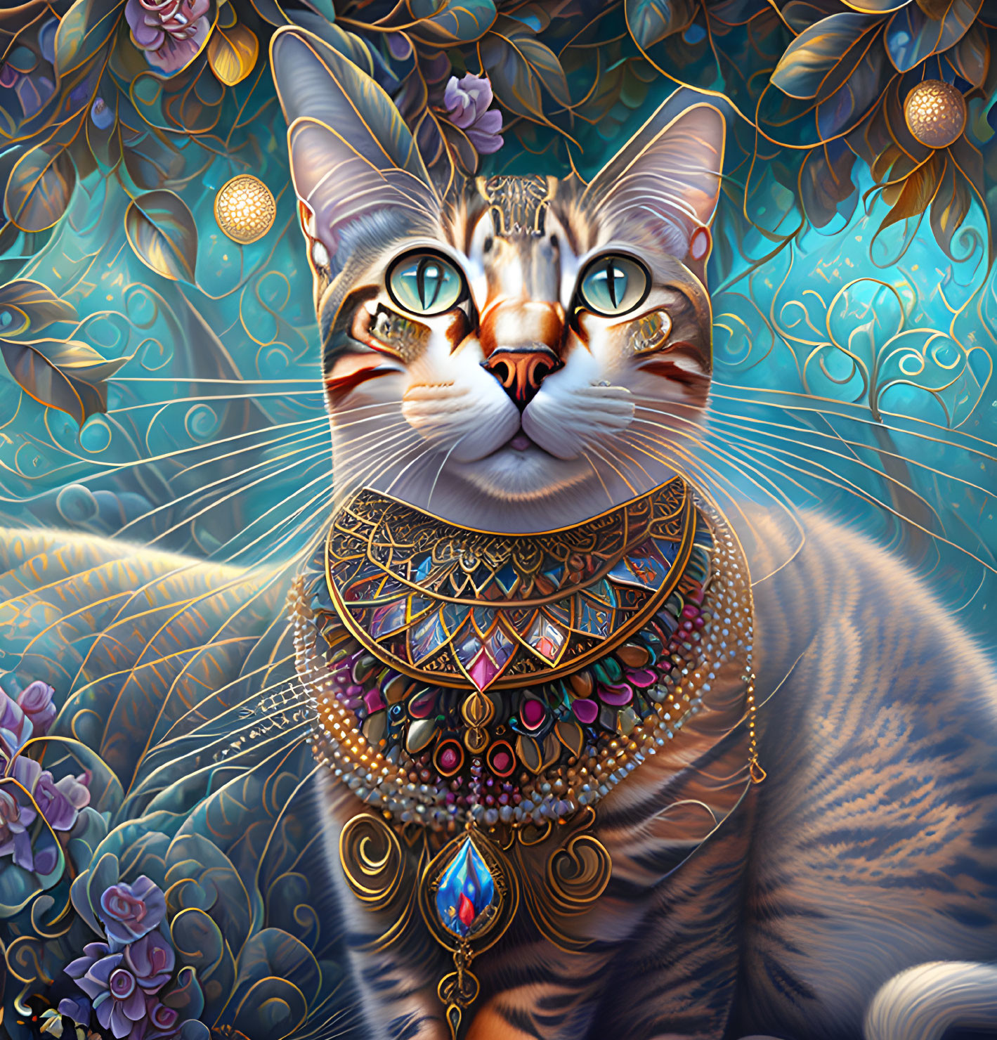 Colorful cat illustration with intricate jewelry on ornate background