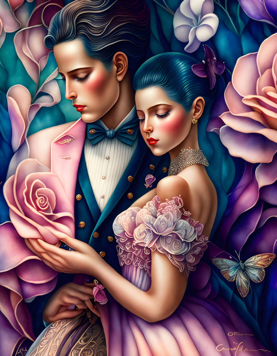 Surreal Romantic Embrace Among Roses and Butterflies