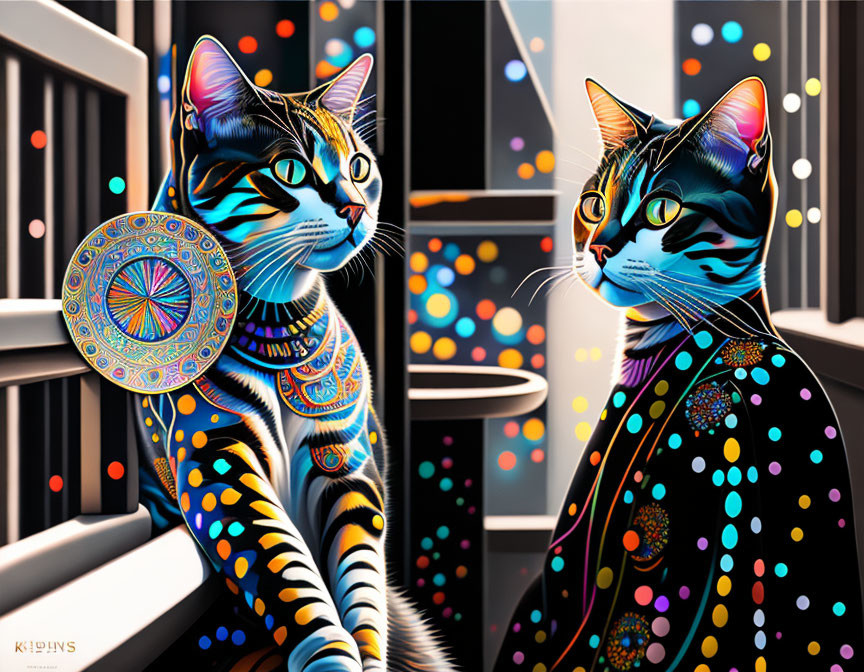 Colorful Stylized Cats with Patterned Fur Indoors and City Lights Backdrop