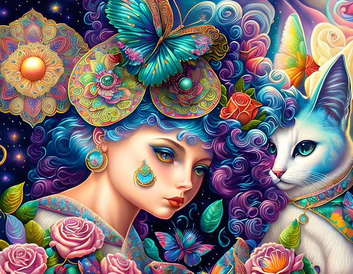 Colorful digital artwork: Woman with floral, butterfly adornments, white cat, cosmic background