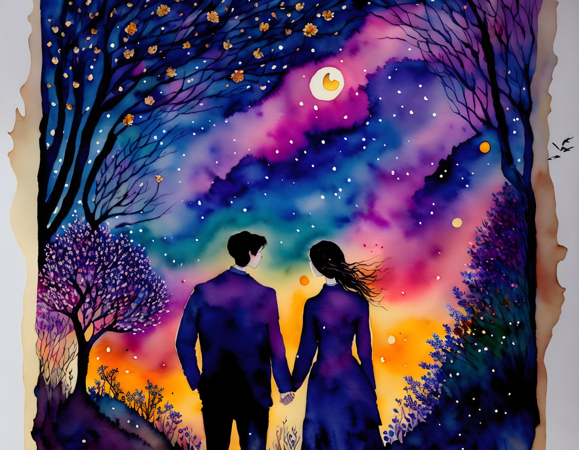 Couple holding hands under starry sky with trees and vibrant sunset