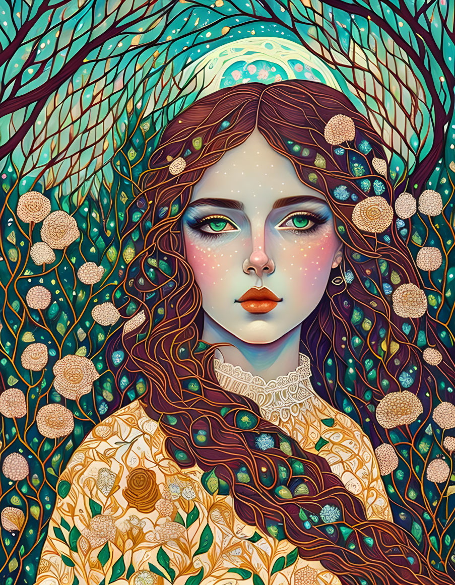 Illustrated woman with green eyes in mystical setting surrounded by decorative branches and blooms in green and gold hues