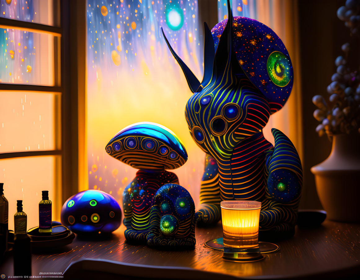 Colorful cosmic creatures with candles and bottles by rain-splattered window