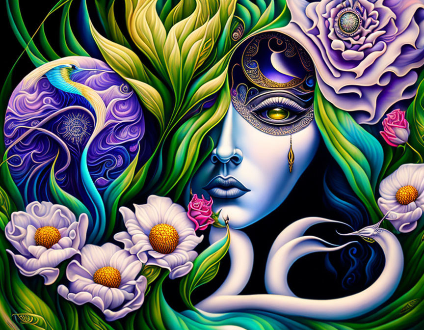 Colorful surreal female face with intricate patterns and flowers.