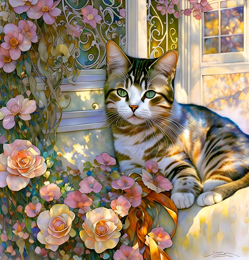 Tabby cat with green eyes in pink rose garden by gate and window