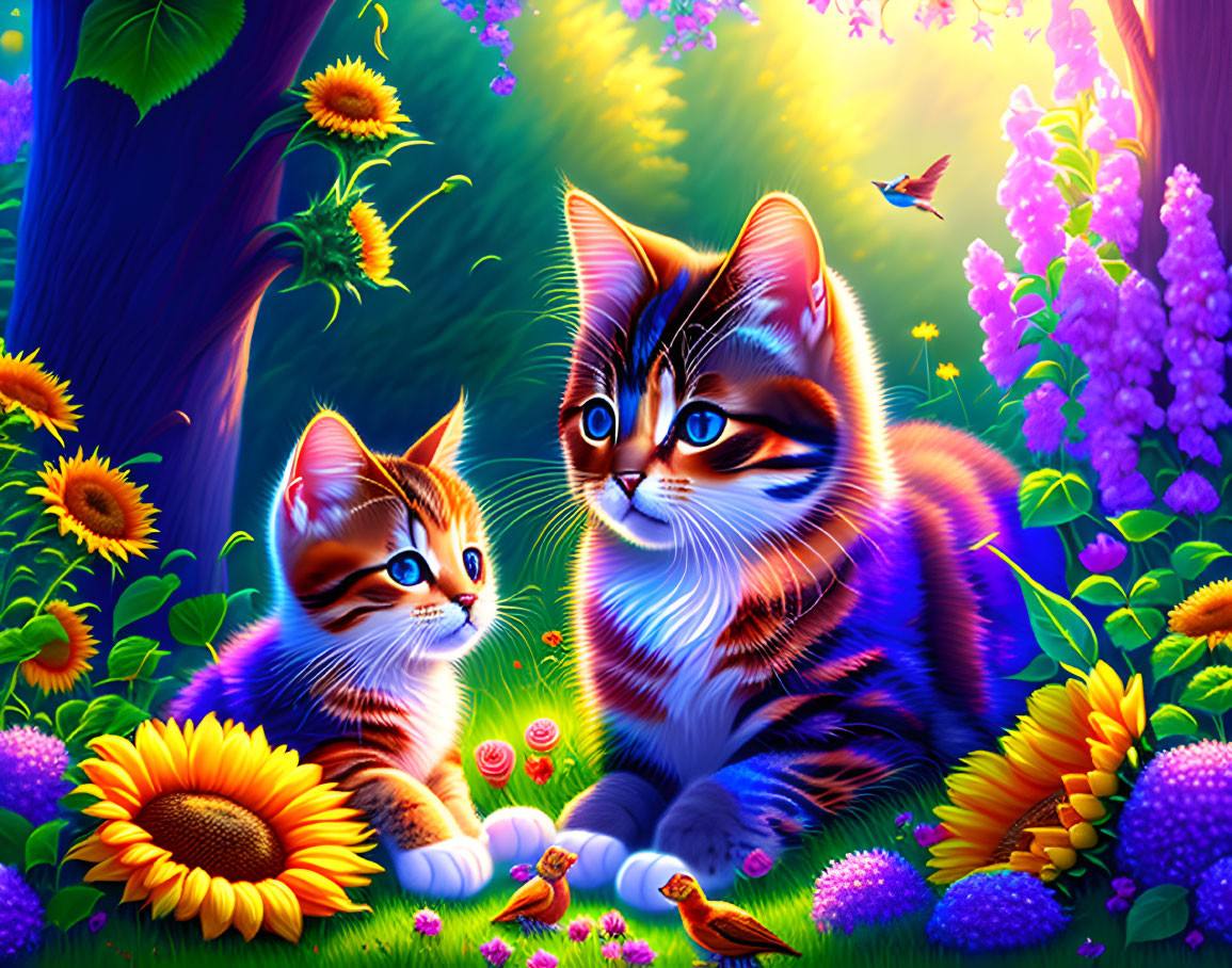 Vibrantly colored cartoon-style cats in lush fantastical garden