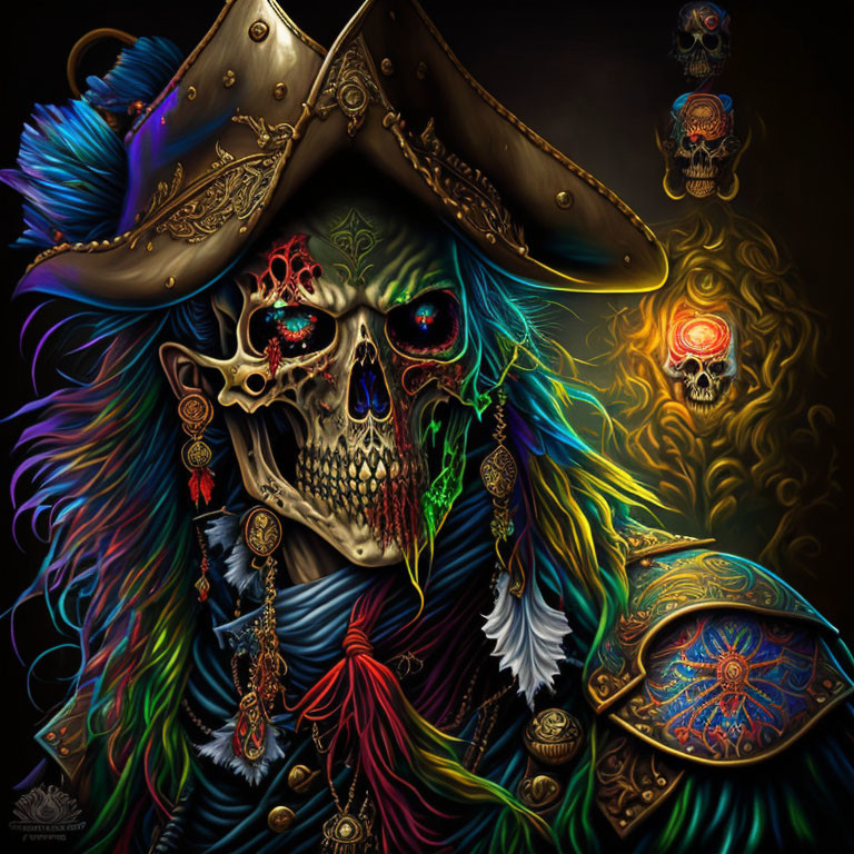 Vibrant skeletal pirate with tricorne hat and glowing skulls in colorful artwork