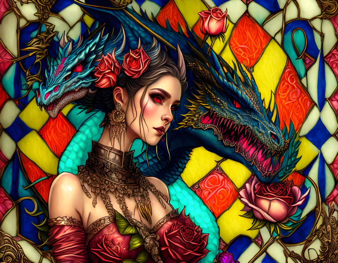 Colorful artwork: Woman with roses and blue dragon in mosaic stained glass.