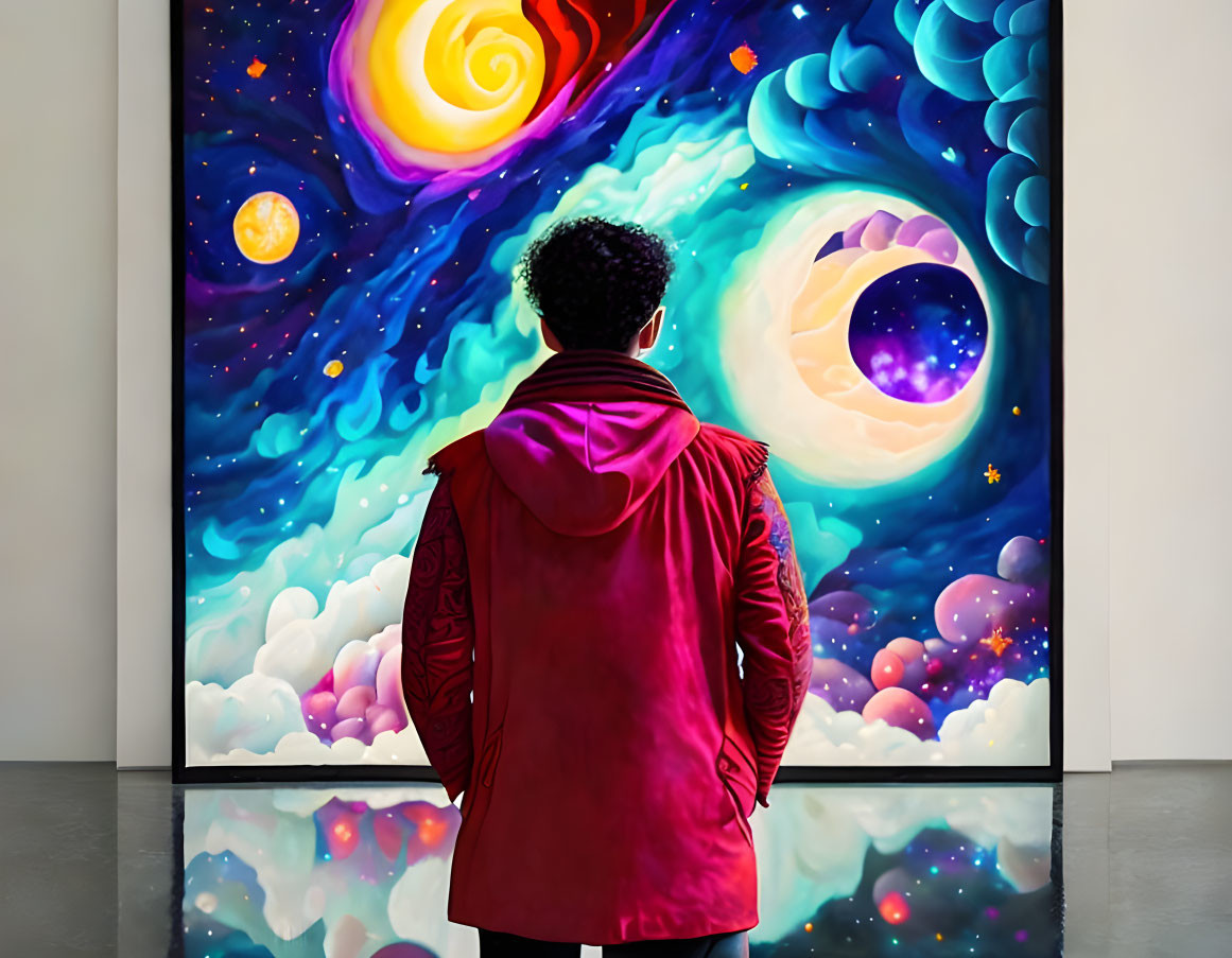 Person in Red Jacket Observing Cosmic Painting