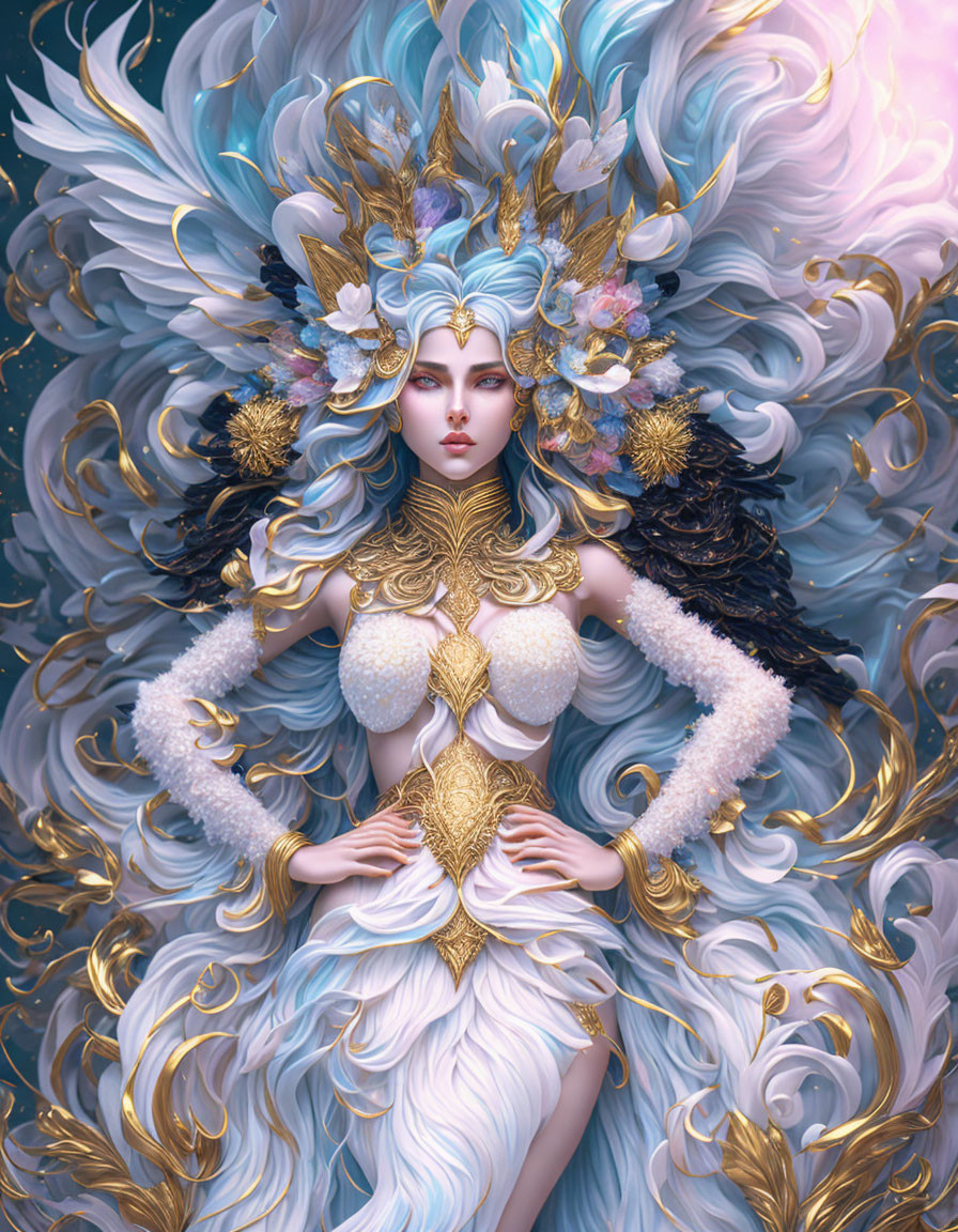 Fantasy female figure in ornate gold armor and feathered headpiece