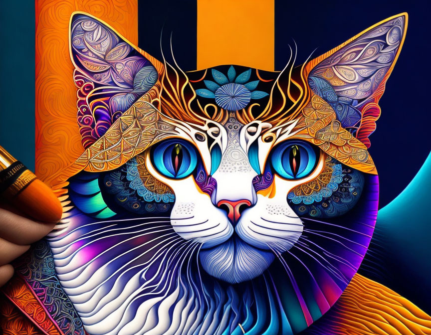 Colorful digital art of a multicolored cat with mesmerizing blue eyes