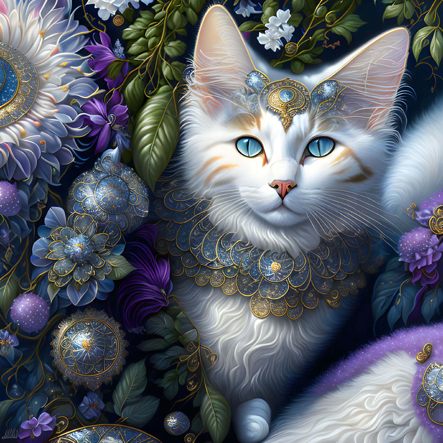 Regal white cat digital art with blue eyes and golden jewelry among colorful flowers