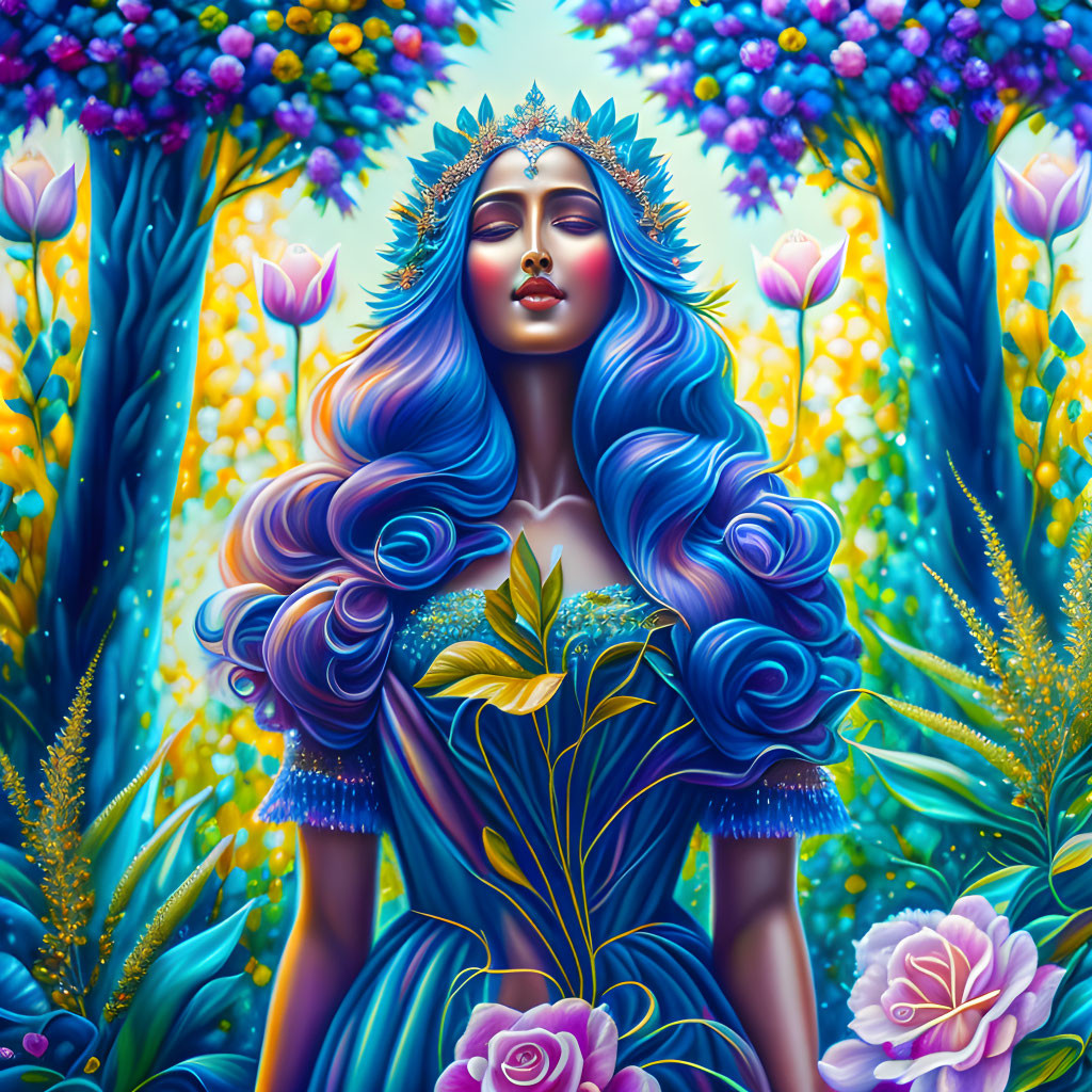 Mystical woman in floral headgear and blue gown surrounded by vibrant blooms