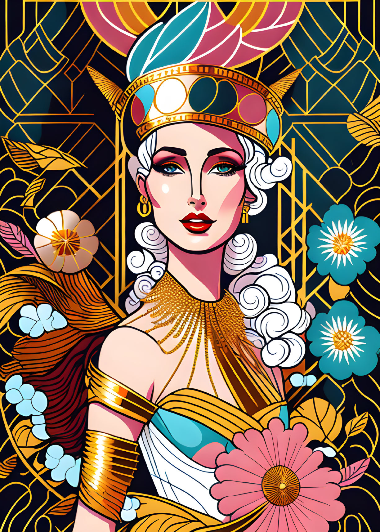 Stylized woman with crown and white curls against vibrant floral pattern