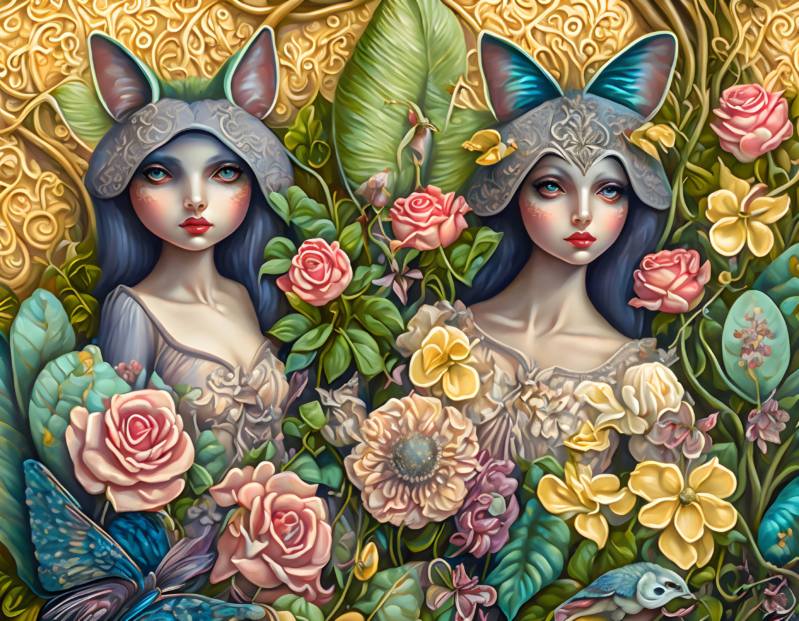 Artistic portrayal of two female figures with feline ears among vibrant floral bouquet