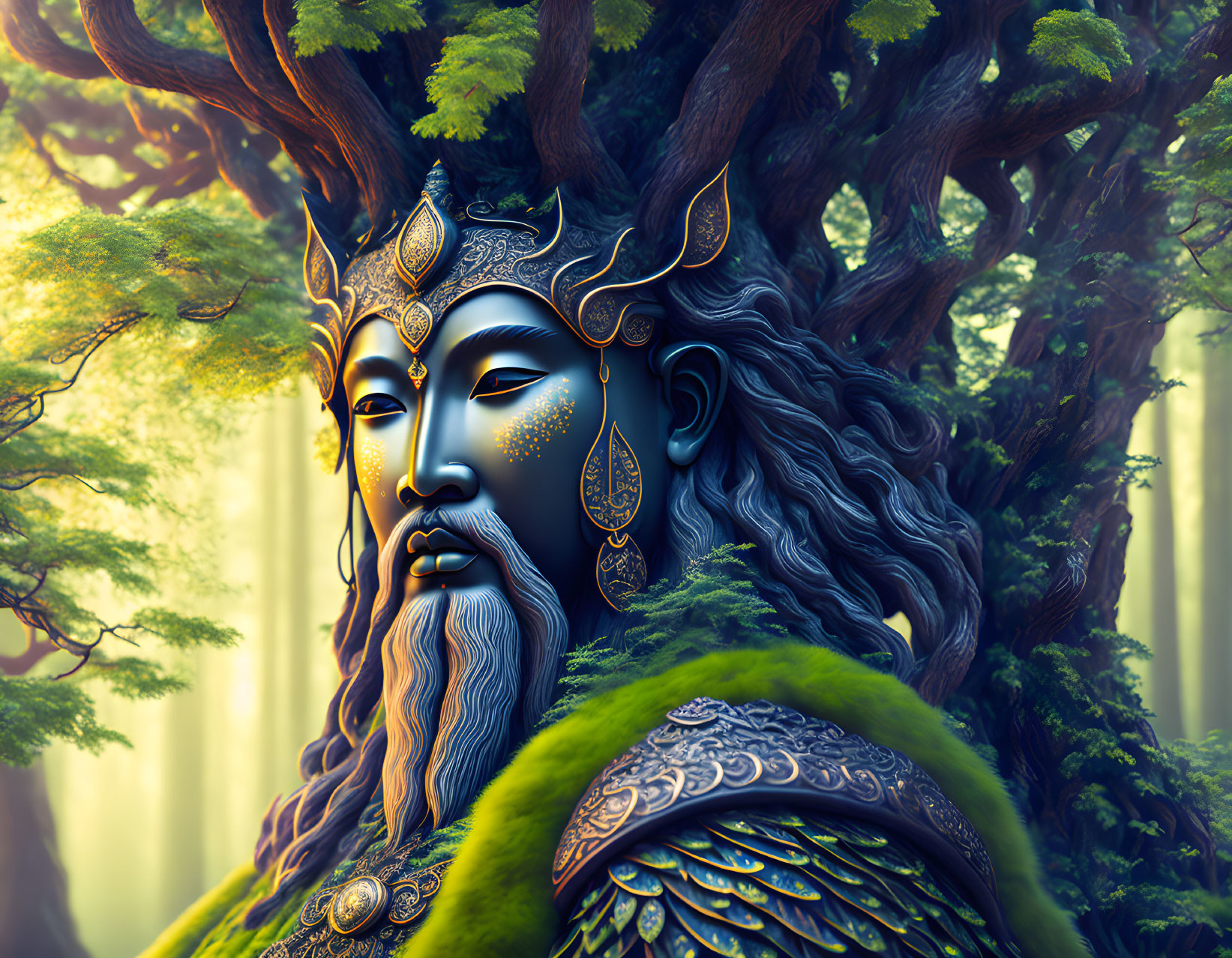 Majestic blue-skinned figure in golden armor against forest backdrop