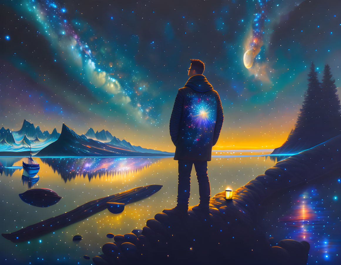 Person Contemplating by Tranquil Lake Under Starry Sky