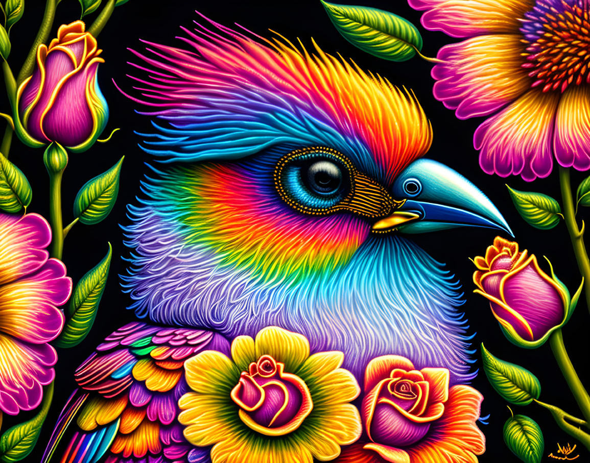 Colorful Bird and Rainbow Feathers in Neon Flower Scene