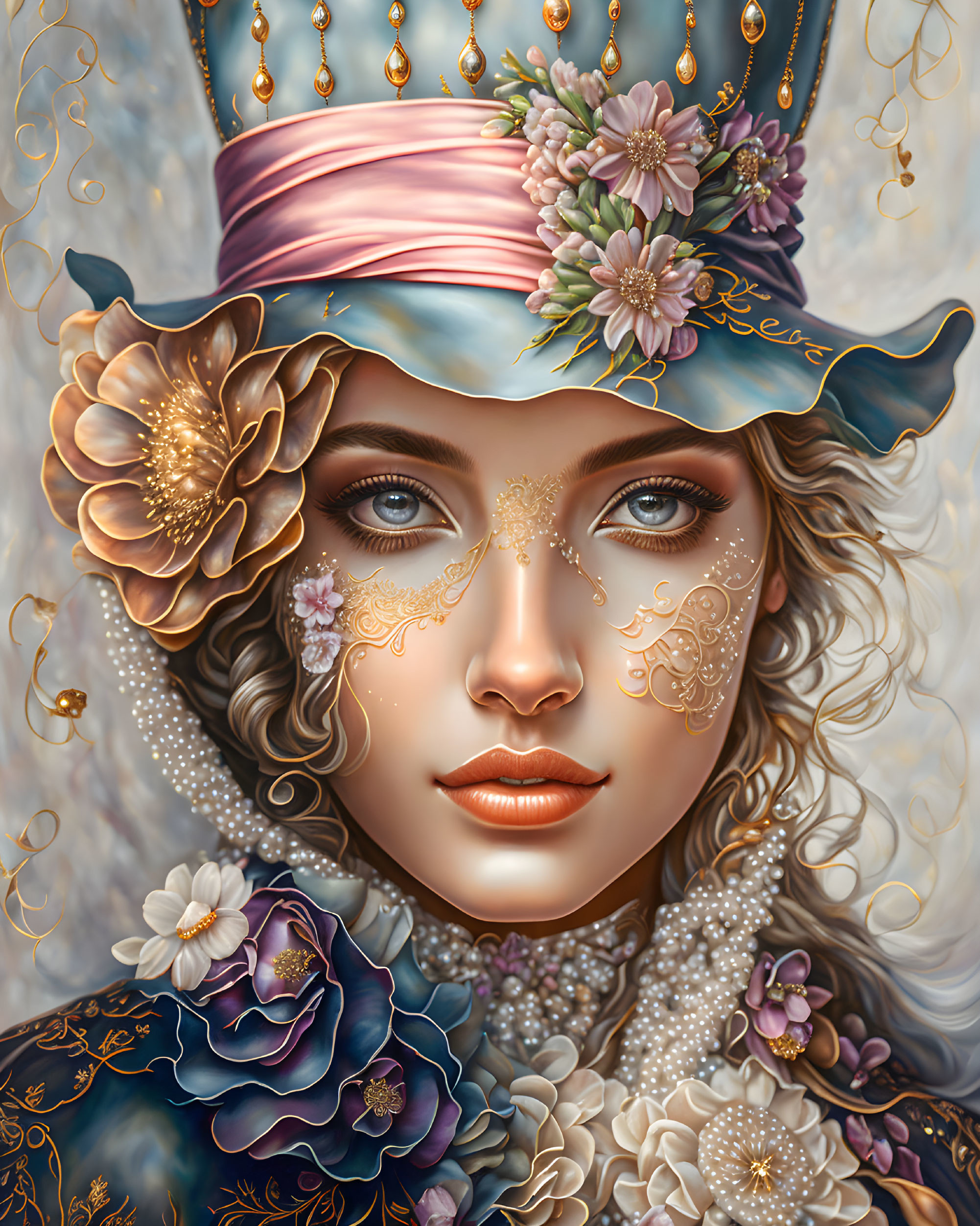 Illustrated woman with gold filigree makeup and floral crown showcasing elegance and fantasy