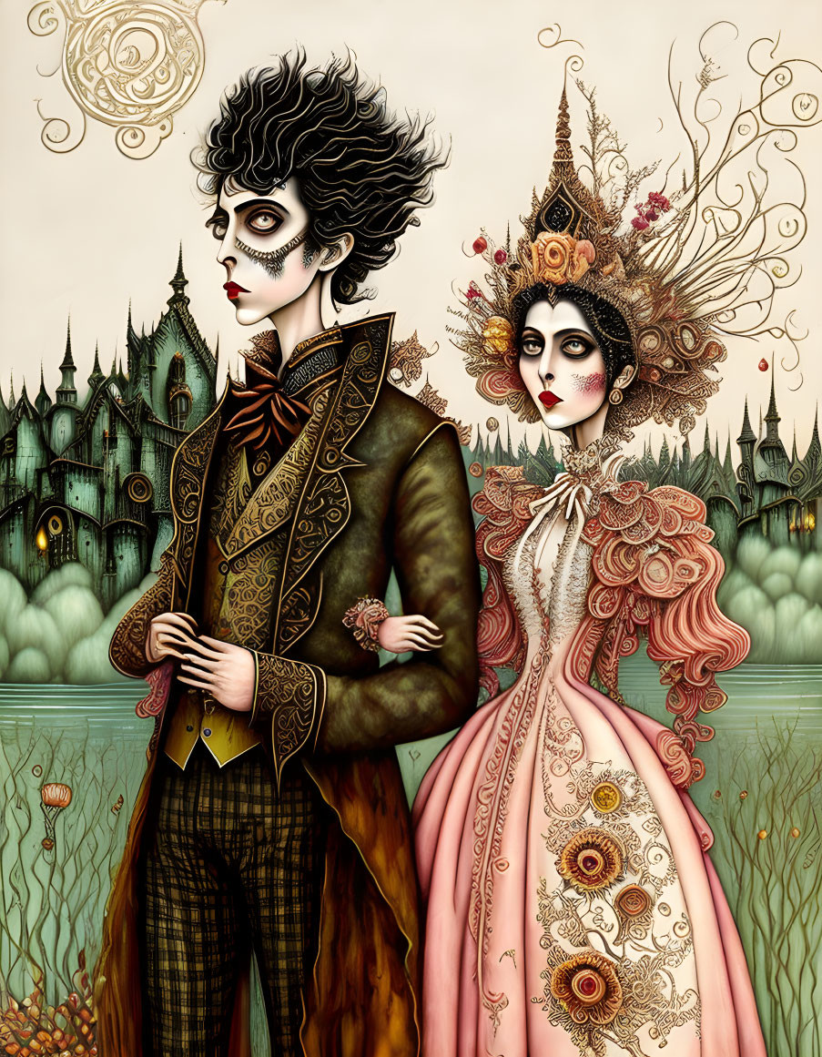 Illustrated Gothic Couple in Ornate Costumes and Hair on Eerie Landscape