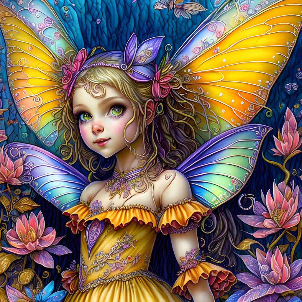 Colorful Fairy Illustration with Butterfly Wings and Floral Accents