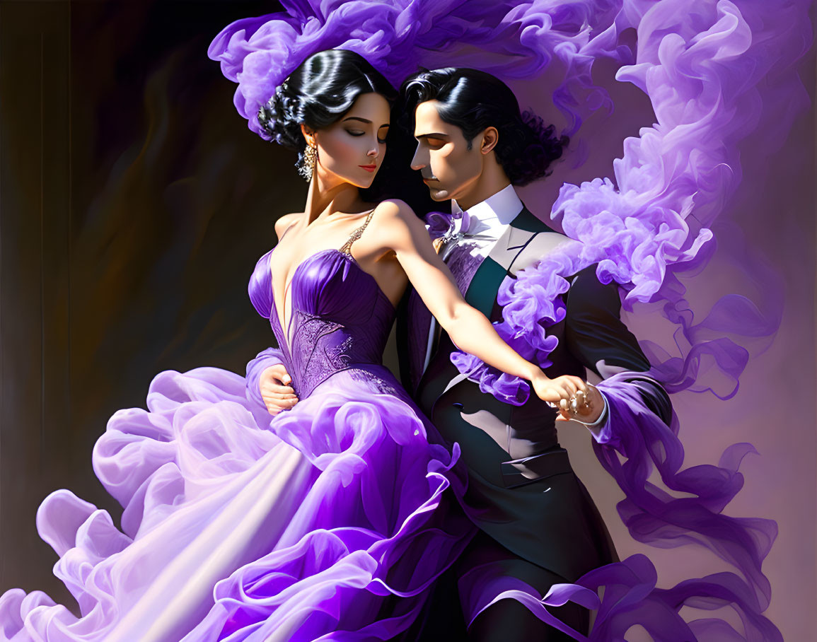 Intimate couple dancing in purple attire with stylized smoke