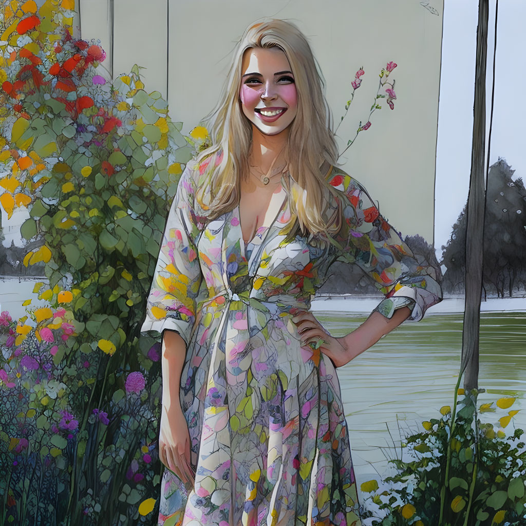 Smiling woman in floral dress by lush lake in stylized illustration