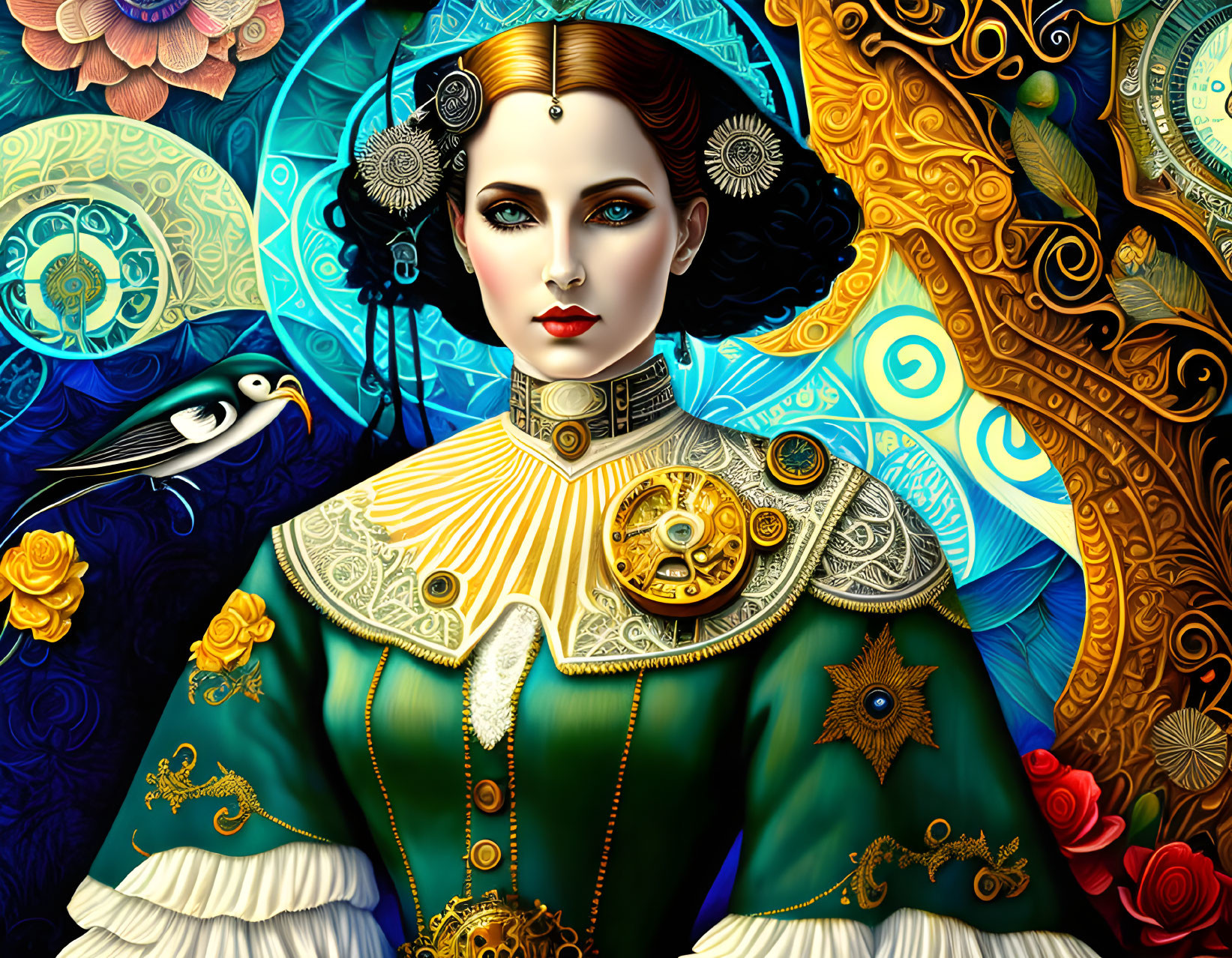 Detailed Steampunk Woman Illustration with Ornate Patterns and Bird