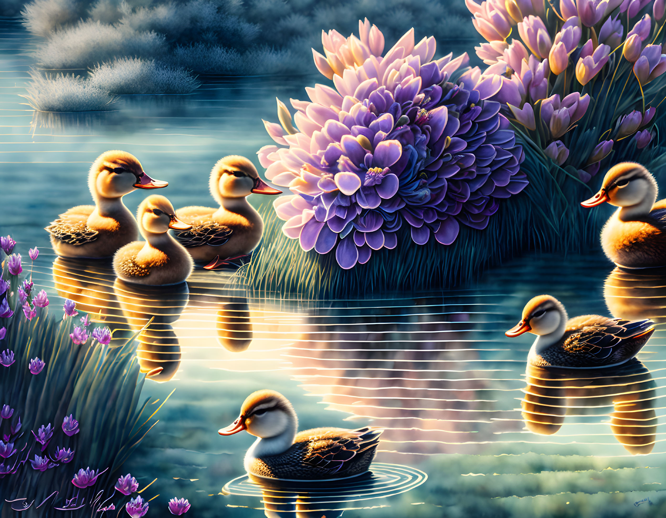 Ducklings among purple flowers in mystical light