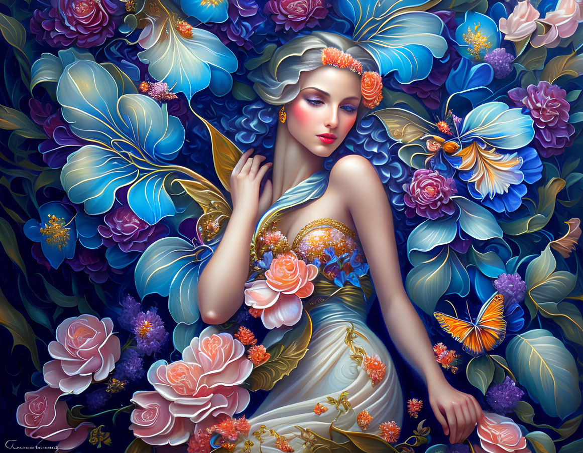 Serene Woman in Floral Gown with Vibrant Background