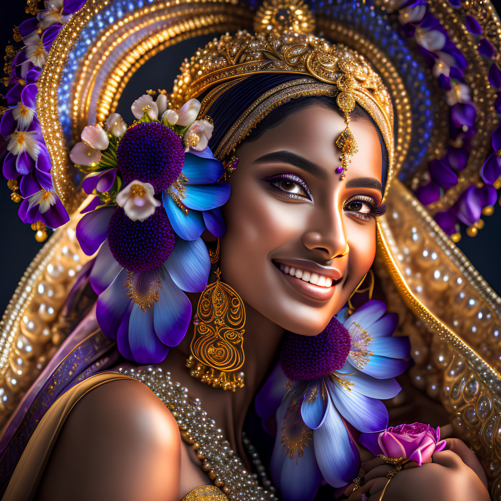 Smiling woman in gold jewelry with purple flowers