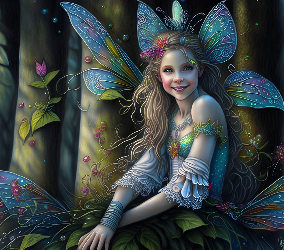 Colorful-winged fairy in mystical forest with flowers and butterflies