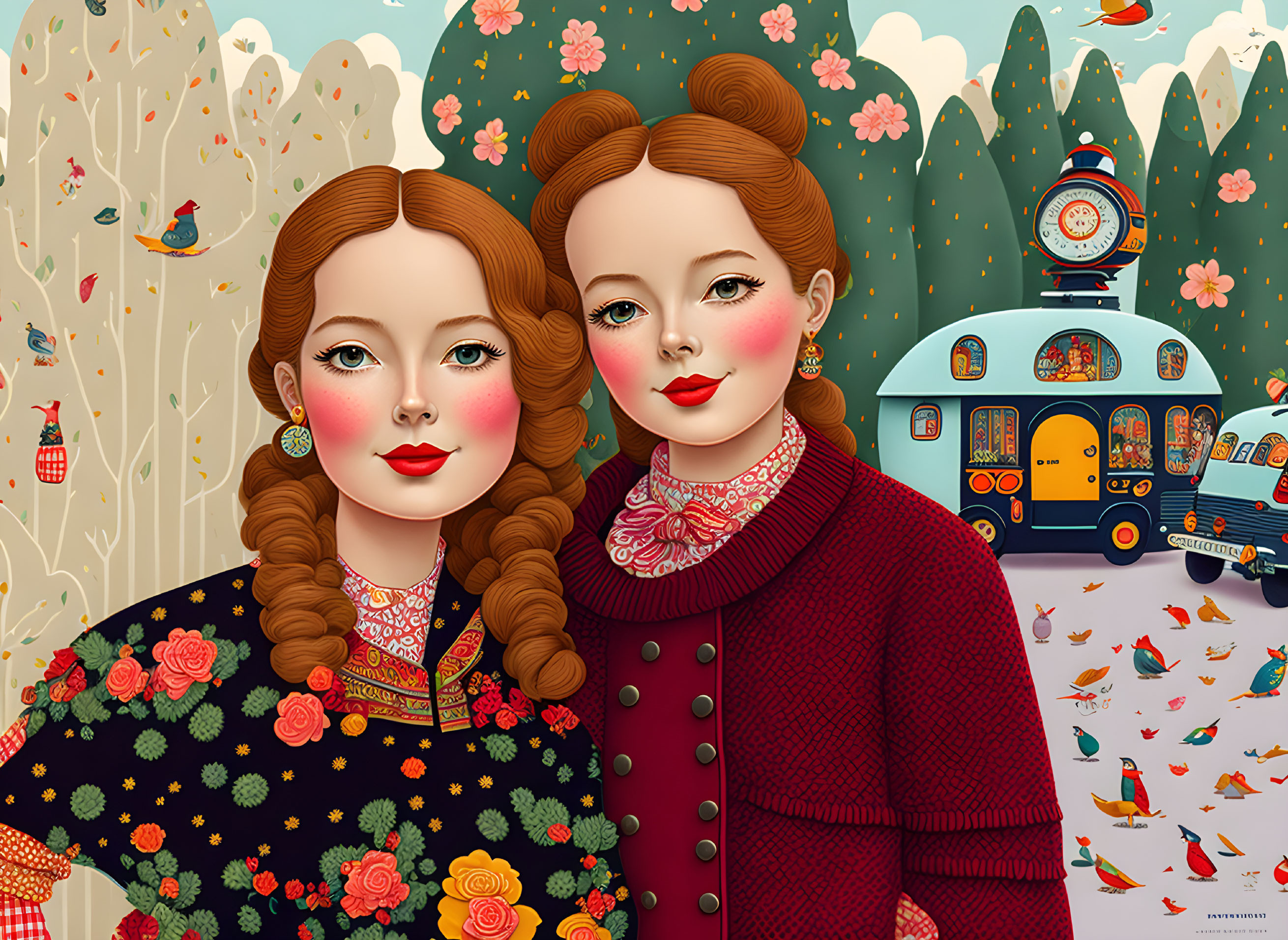 Stylized illustrated young women with intricate hairstyles in floral clothing in autumnal scene