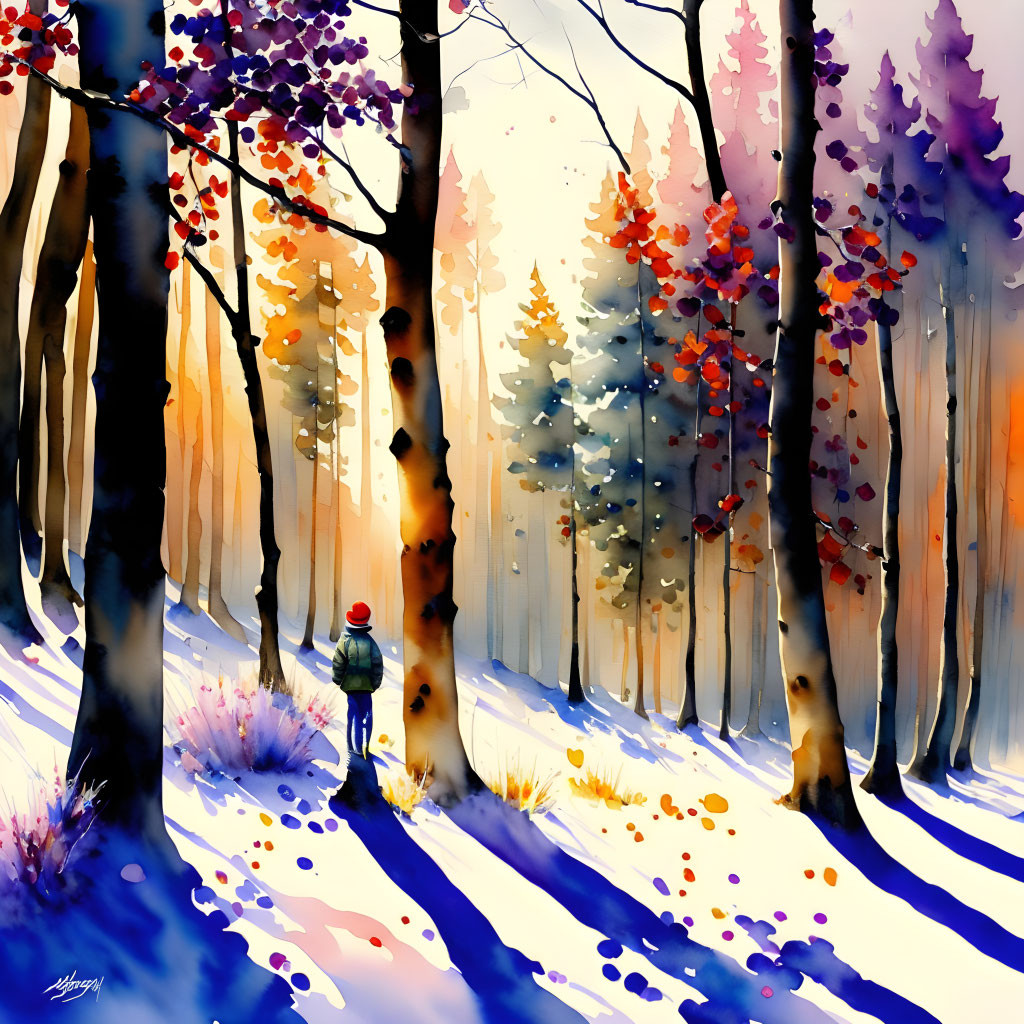 Lone Figure in Vibrant Autumn Forest with Snow