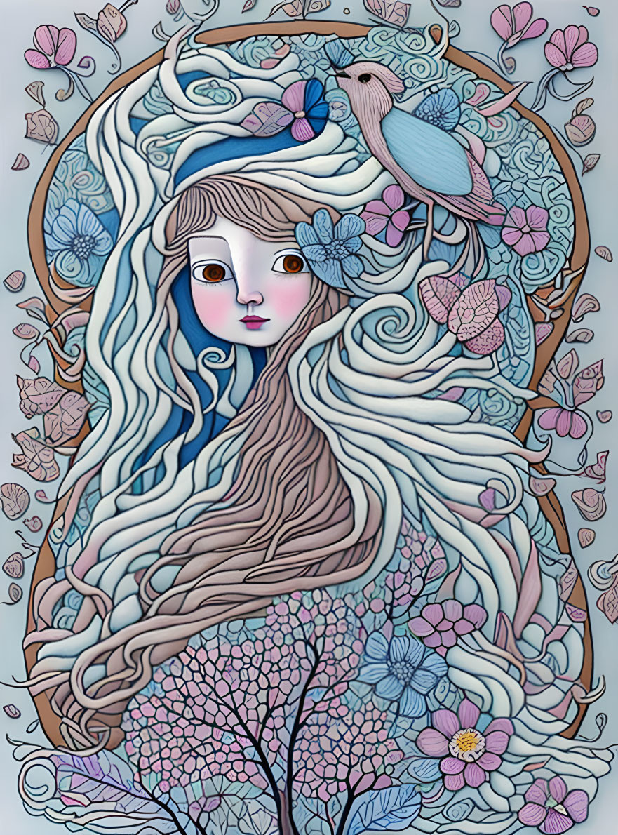 Stylized woman with flowing hair, flowers, leaves, and bird.