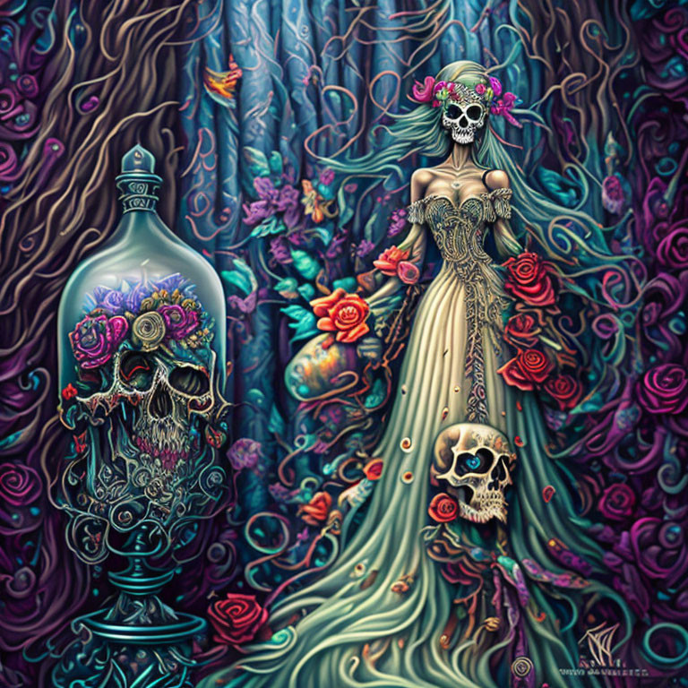 Colorful surreal artwork: woman in floral dress with skull motifs, surrounded by twisting foliage and skull-de