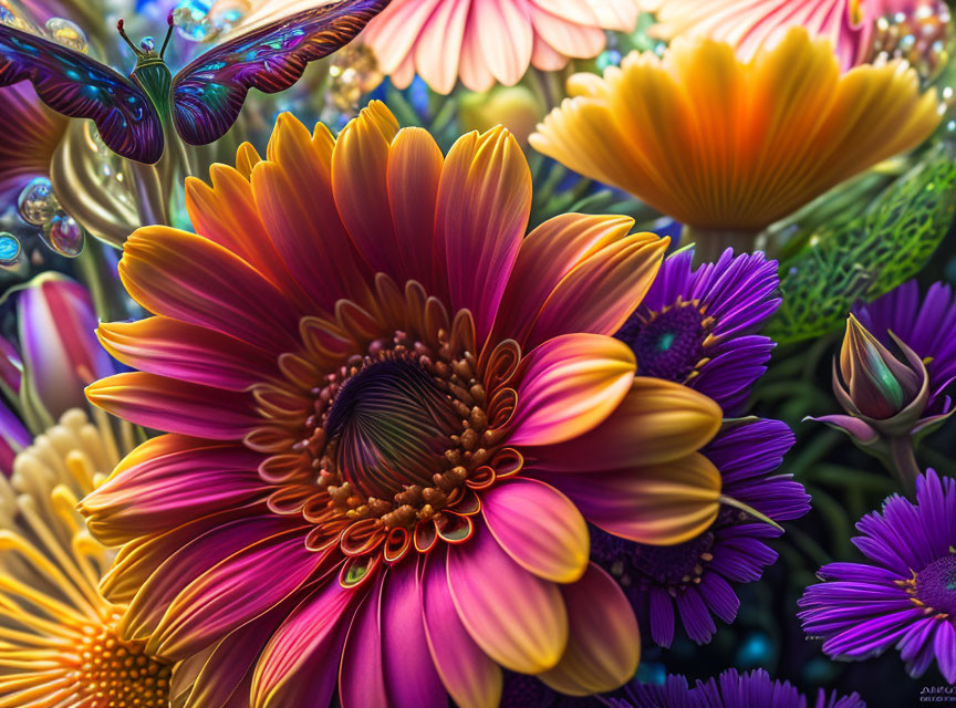 Colorful Close-Up Image of Flowers and Butterfly