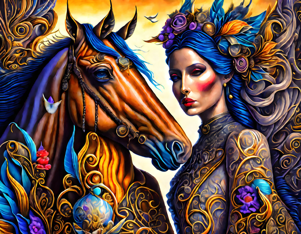 Portrait of a Woman with Blue Hair and Brown Horse