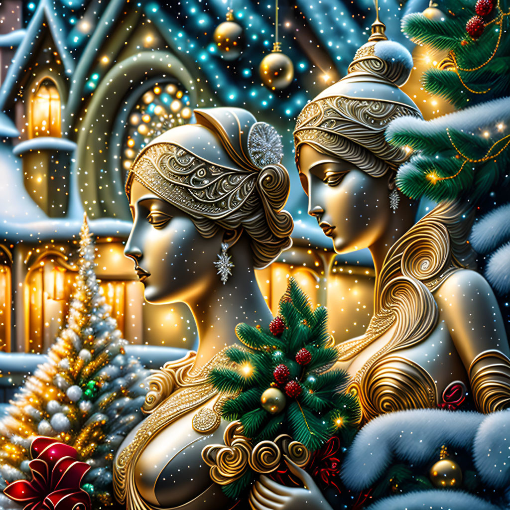 Stylized metallic figures with elaborate headpieces in festive Christmas scene