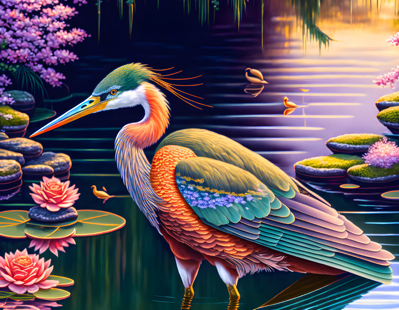 Colorful Heron Illustration in Serene Pond Setting