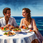 Romantic seaside meal with wine and variety of dishes under sunny skies