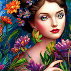 Colorful Woman Surrounded by Flowers and Foliage with Blue Creature